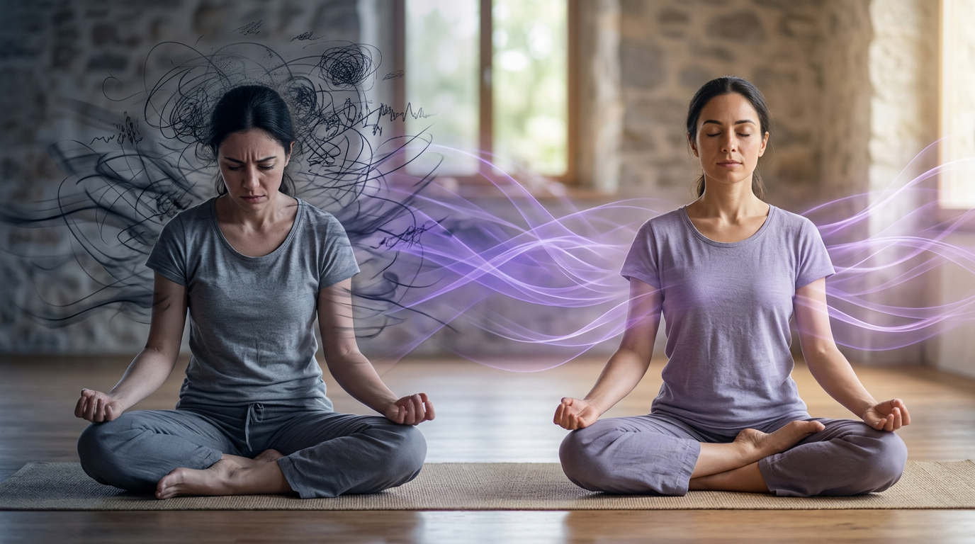 Before: overwhelmed with chaotic thoughts. After MediTailor: calm with flowing, harmonious energy.