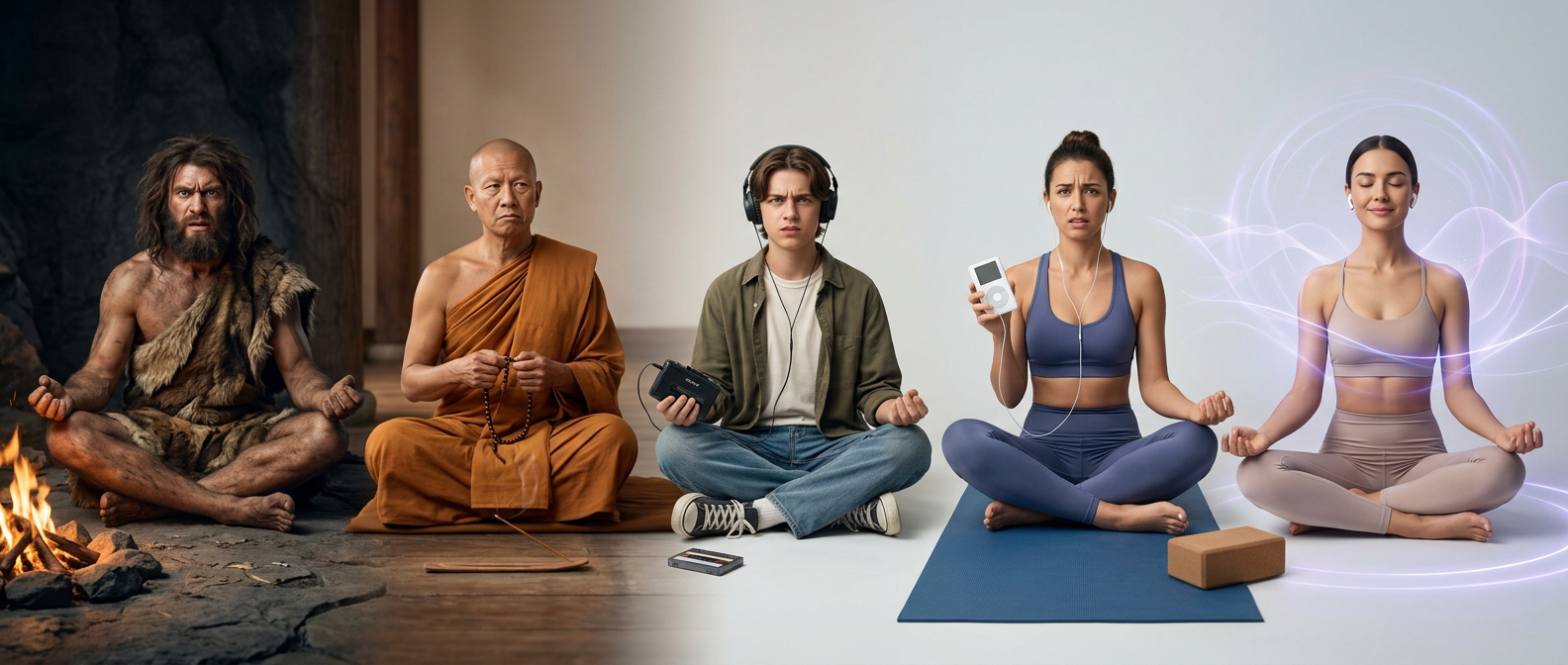 The evolution of meditation: from ancient practice to Buddhist tradition to modern audio to generic apps to AI-powered personalization with MediTailor.